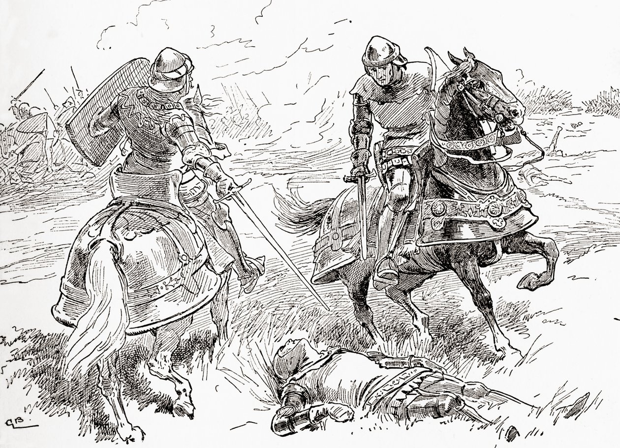 Una escena de la obra de William Shakespeare Rey Enrique IV, Parte 1, Acto V, Escena 3, Conde de Douglas: Todo está hecho, todo está ganado, aquí yace sin aliento el rey, de Las Obras de William Shakespeare, publicado 1896 de Gordon Frederick Browne