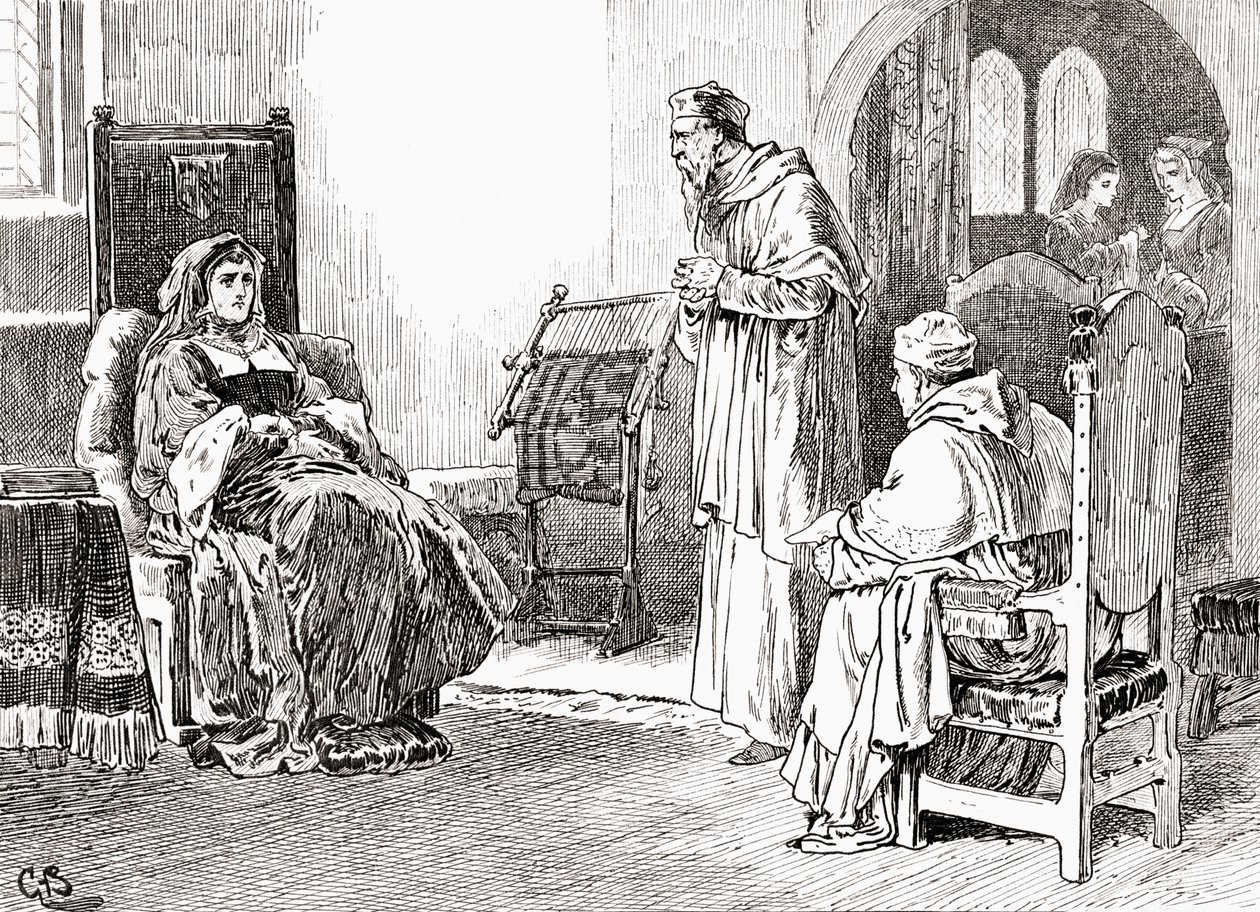 Una escena de la obra de William Shakespeare Rey Enrique VIII, Acto III, Escena 1, Reina Catalina: Hagan lo que quieran, mis señores, y por favor perdónenme, si me he comportado de manera descortés, de Las Obras de William Shakespeare de Gordon Frederick Browne