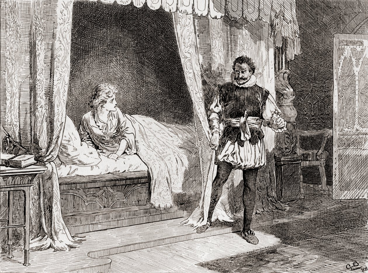 Una escena de la obra de William Shakespeare Otelo, Acto V, Escena 2, Desdémona: ¿Hablas de matar? Otelo: Sí, lo hago, de Las obras de William Shakespeare, publicada en 1896 de Gordon Frederick Browne