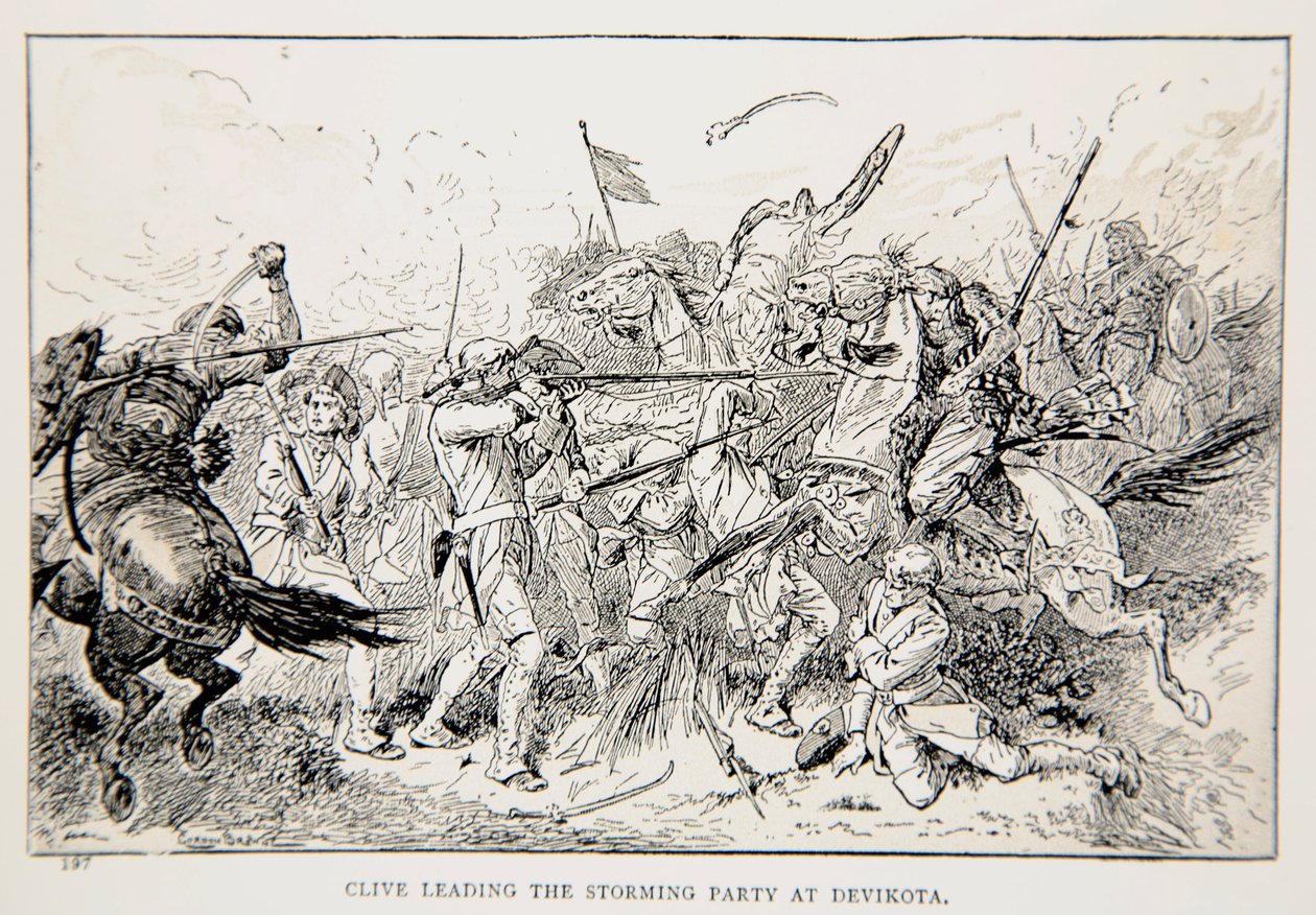Clive liderando el grupo de asalto en Devikota, una ilustración de 