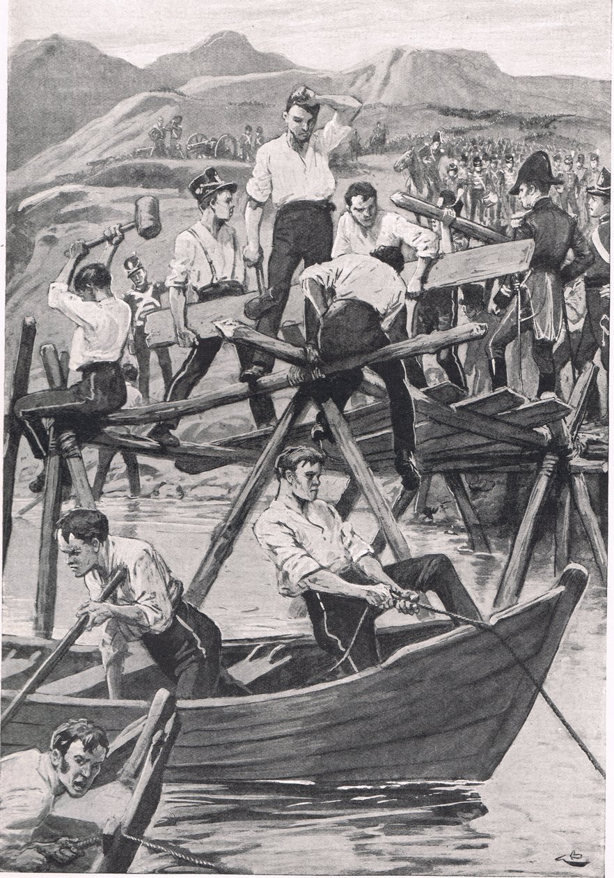 La construcción del puente sobre el Guadiana, 3 de abril de 1811, ilustración de 
