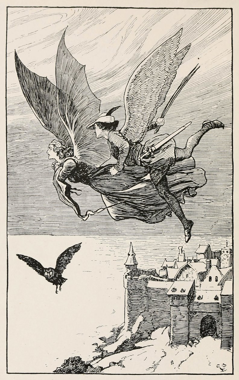 El compañero de viaje voló detrás de ella, de Cuentos de hadas de Hans Anderson, pub 1919 (grabado) de Gordon Frederick Browne