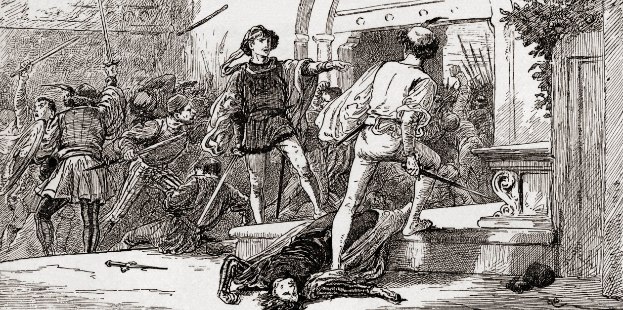Tybalt asesinado por Romeo, escena de Romeo y Julieta de William Shakespeare, Acto III, Escena 1, de Las Obras de William Shakespeare, publicado 1896 de Gordon Frederick Browne