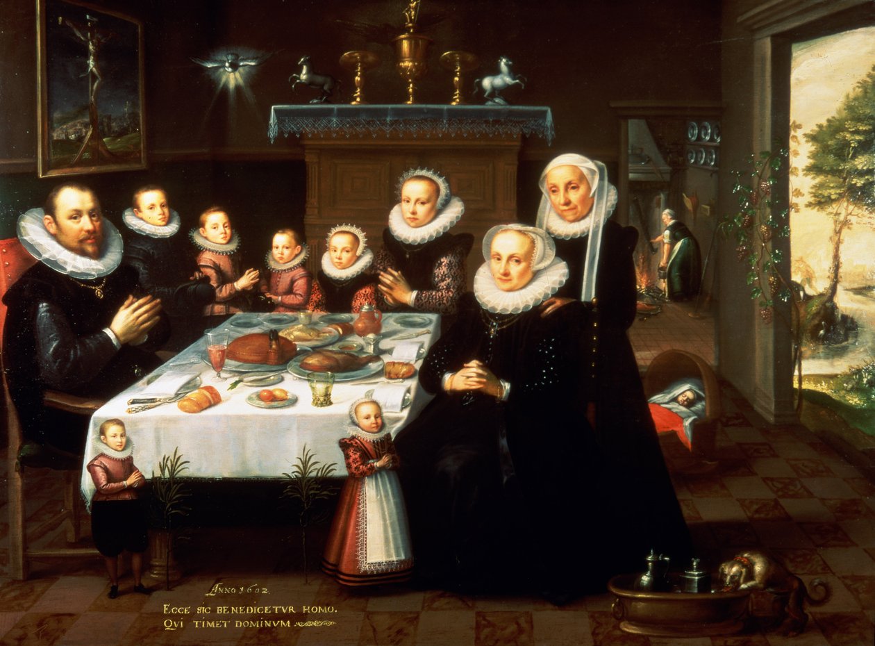 Retrato de una familia diciendo gracia antes de una comida, 1602 de Gortzius Geldorp