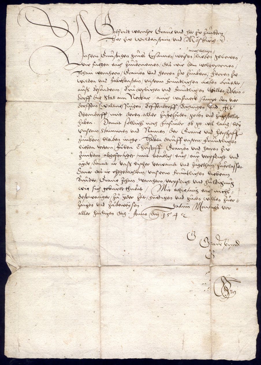 Carta del Conde Gottfried Werner von Zimmern al alcalde, burgomaestre, consejo y comunidad de la ciudad de Oberndorf y a los alcaldes, jueces y comunidades de los pueblos de Waldmössingen, Beffendorf, Bochingen y Altoberndorf, 30 de octubre de 1542; Archiv de Gottfried Werner von Zimmern