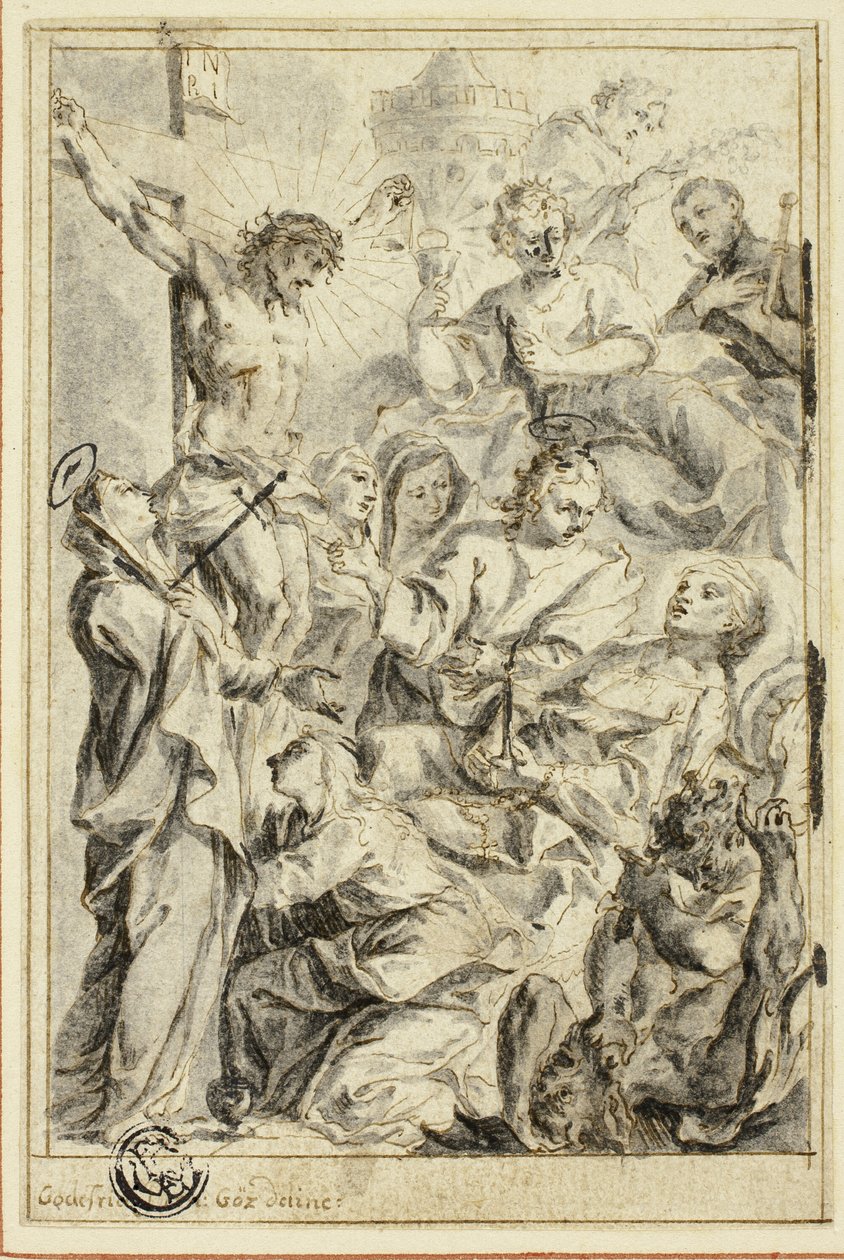 Moribundo consolado por Cristo en la Cruz, Virgen y Santos de Gottfried Bernhard Goetz