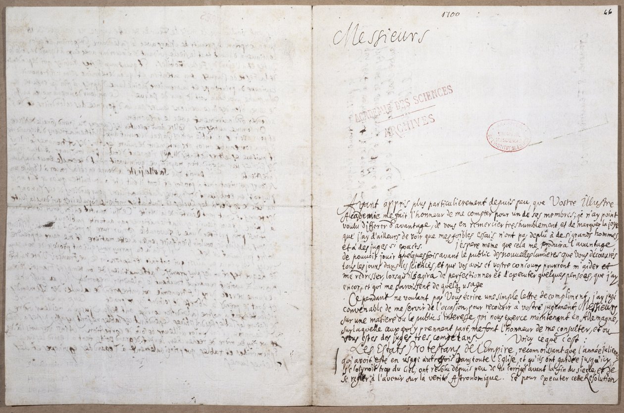 Primera página de una carta escrita por Leibniz sobre su admisión a la Academia de Ciencias en París, 8 de febrero de 1700 de Gottfried Wilhelm Leibniz