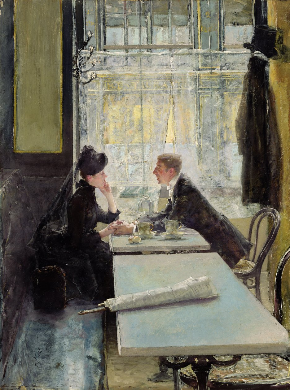 Amantes en un café (panel) de Gotthardt Johann Kuehl