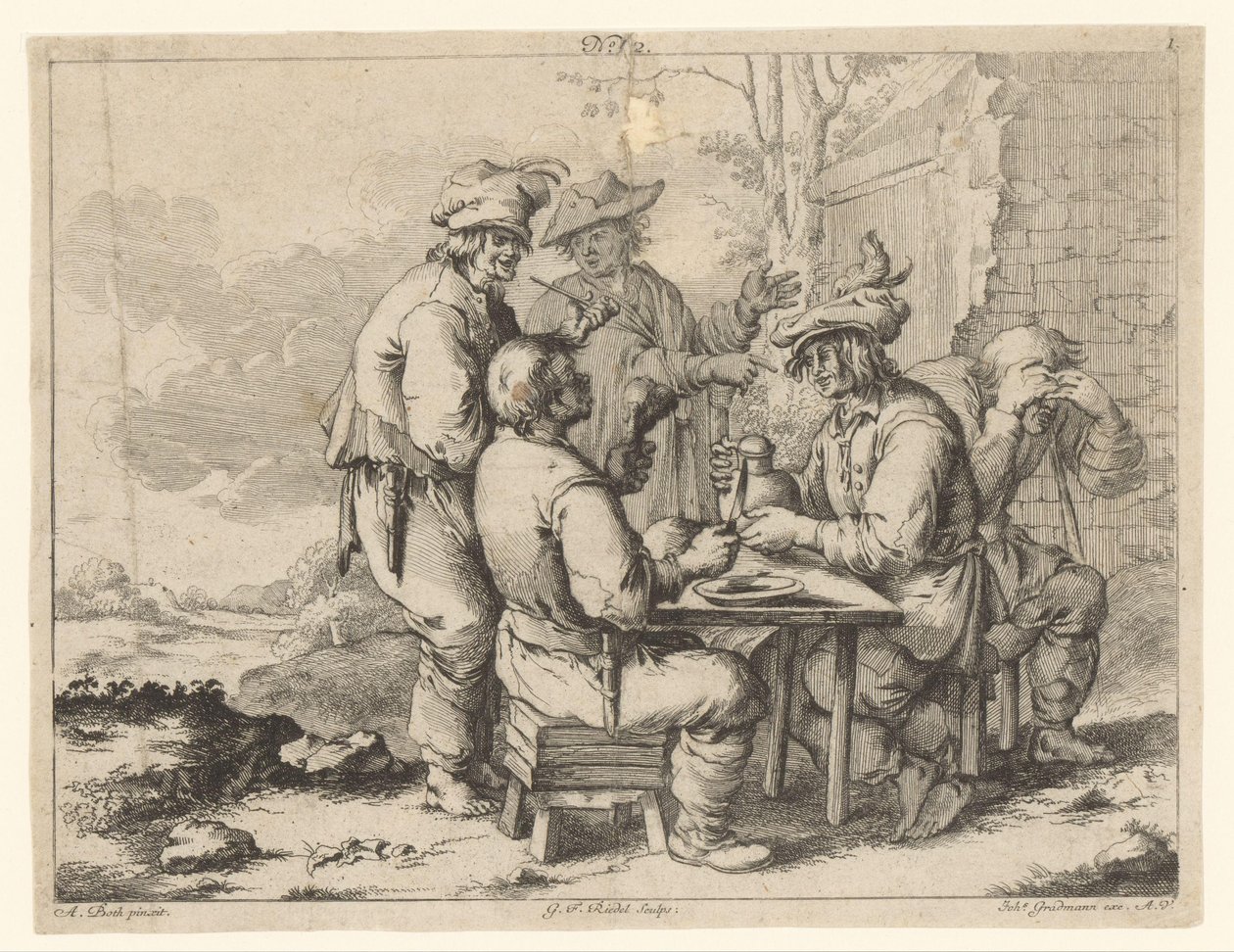 Cinco granjeros en la mesa al aire libre Comodidad rural (título de la serie) de Gottlieb Friedrich Riedel