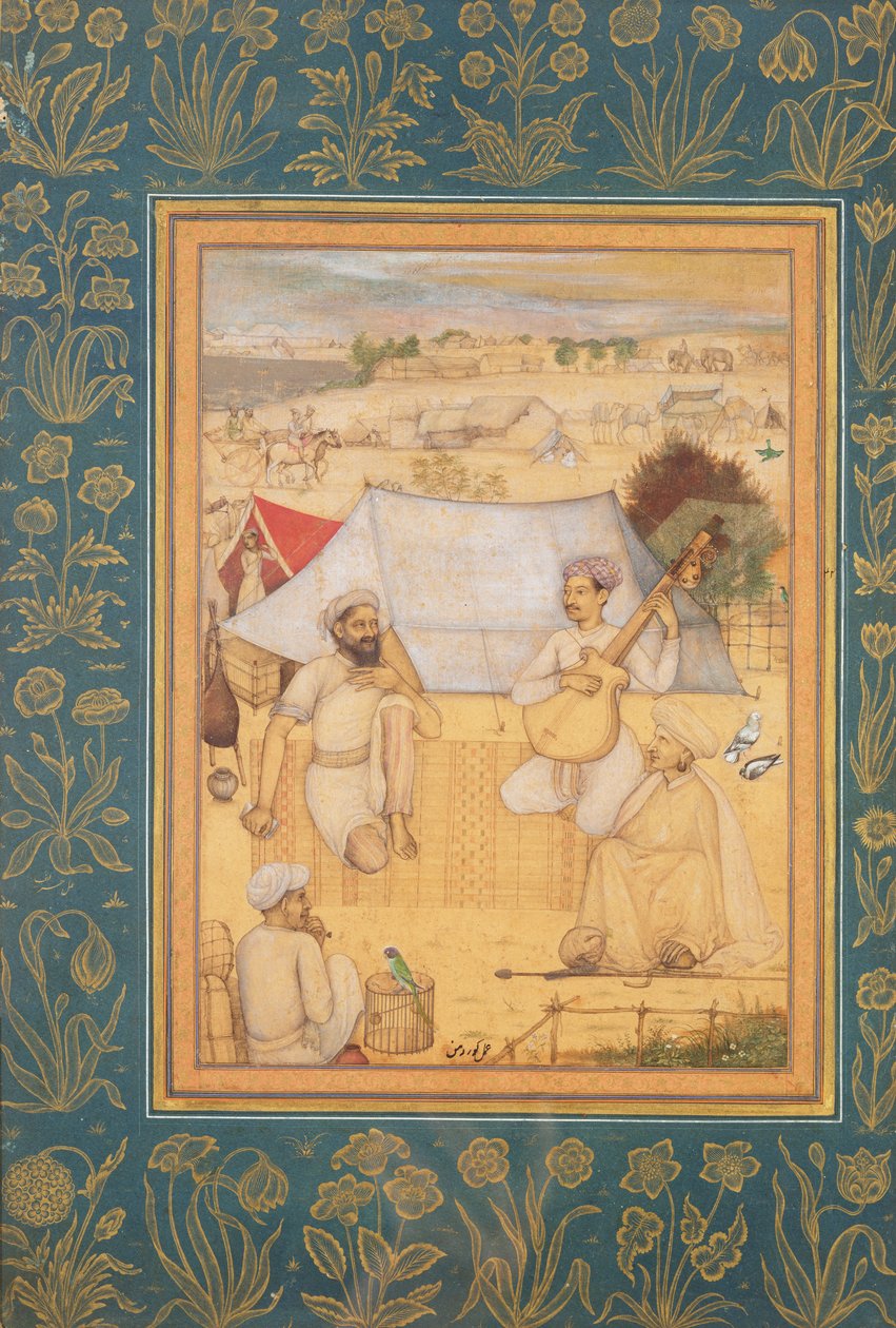 Músicos y cantantes arrodillados en las afueras de un campamento mogol. Un yogui y un sirviente los escuchan, del Álbum Minto, c.1630 de Govardhan