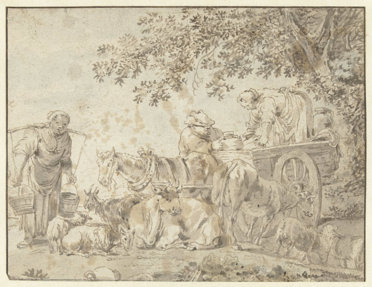 Granjeros y ganado en una carreta agrícola de Govert Dircksz. Camphuysen (possibly)