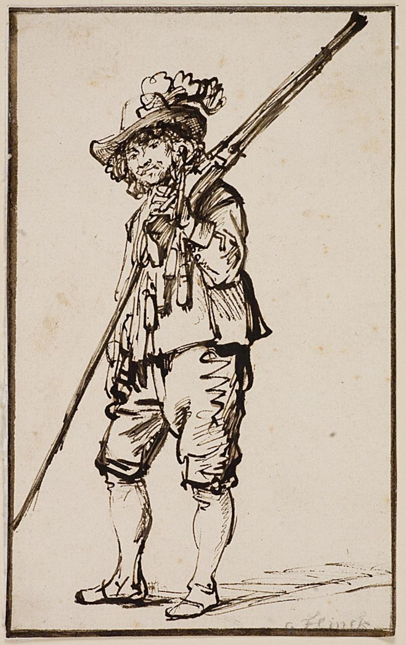 Un soldado de pie con un mosquete al hombro de Govert Flinck