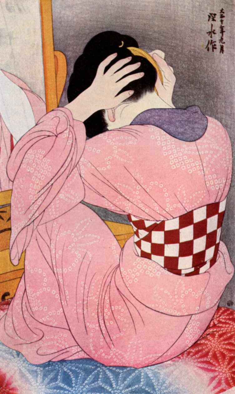 Una mujer japonesa arreglándose el cabello, 1920s 1930 de Goyo Hashiguchi