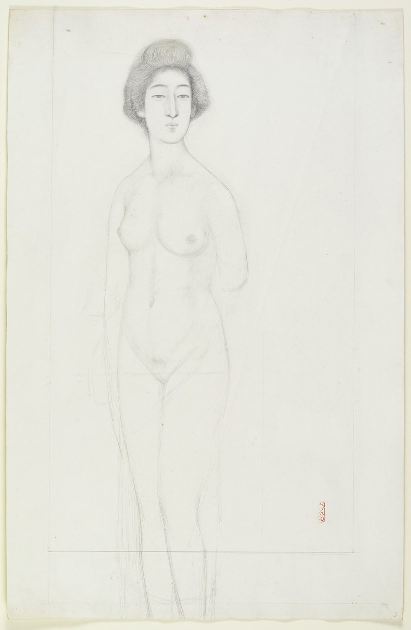 Dibujo de un desnudo posado frontalmente, principios del siglo XX de Goyo Hashiguchi