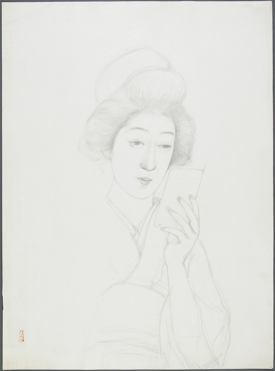 Dibujo de una Mujer Sosteniendo un Espejo de Goyo Hashiguchi