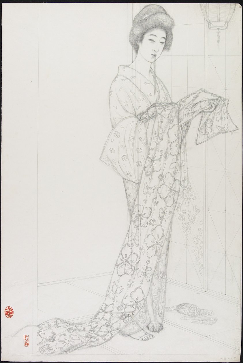 Dibujo preparatorio para Mujer en ropa interior de kimono de Goyo Hashiguchi