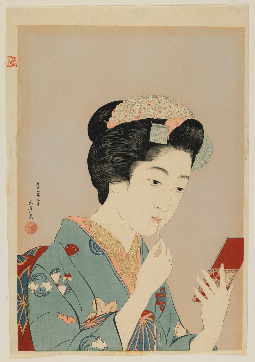 Mujer Aplicando Pintalabios, era Taisho, febrero de 1920 (grabado en madera a color) de Goyo Hashiguchi