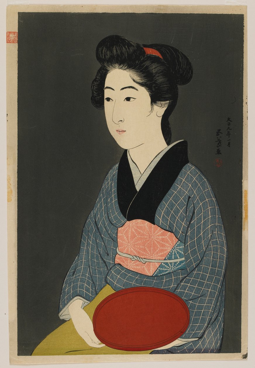 Mujer sosteniendo una bandeja, era Taisho, enero de 1920 de Goyo Hashiguchi