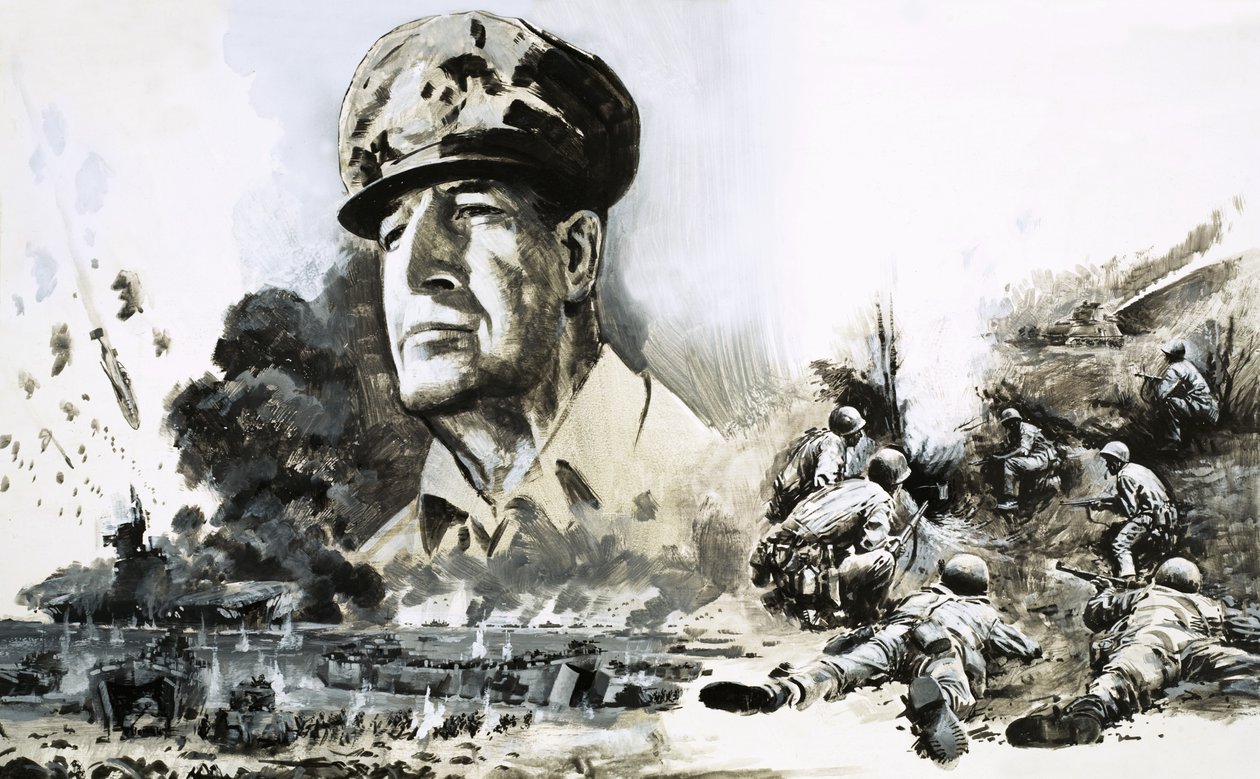 Douglas MacArthur con escenas del Desembarco del Día D de Graham Coton