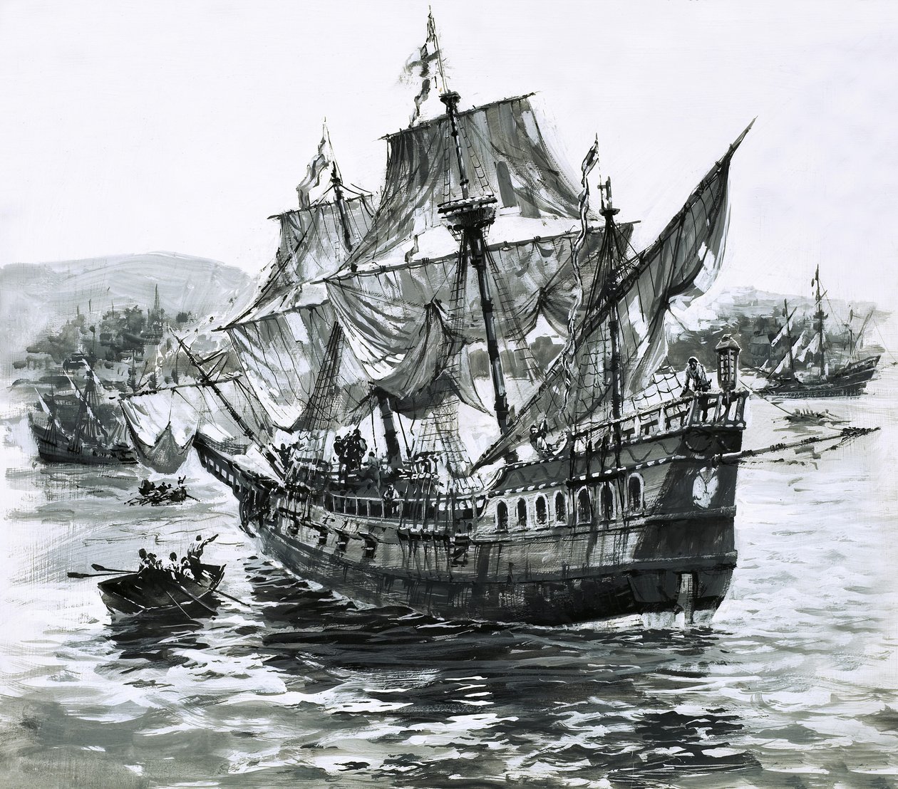 El barco de Drake, el Golden Hind, regresa cojeando a Portsmouth cargado de inmensas riquezas de Graham Coton