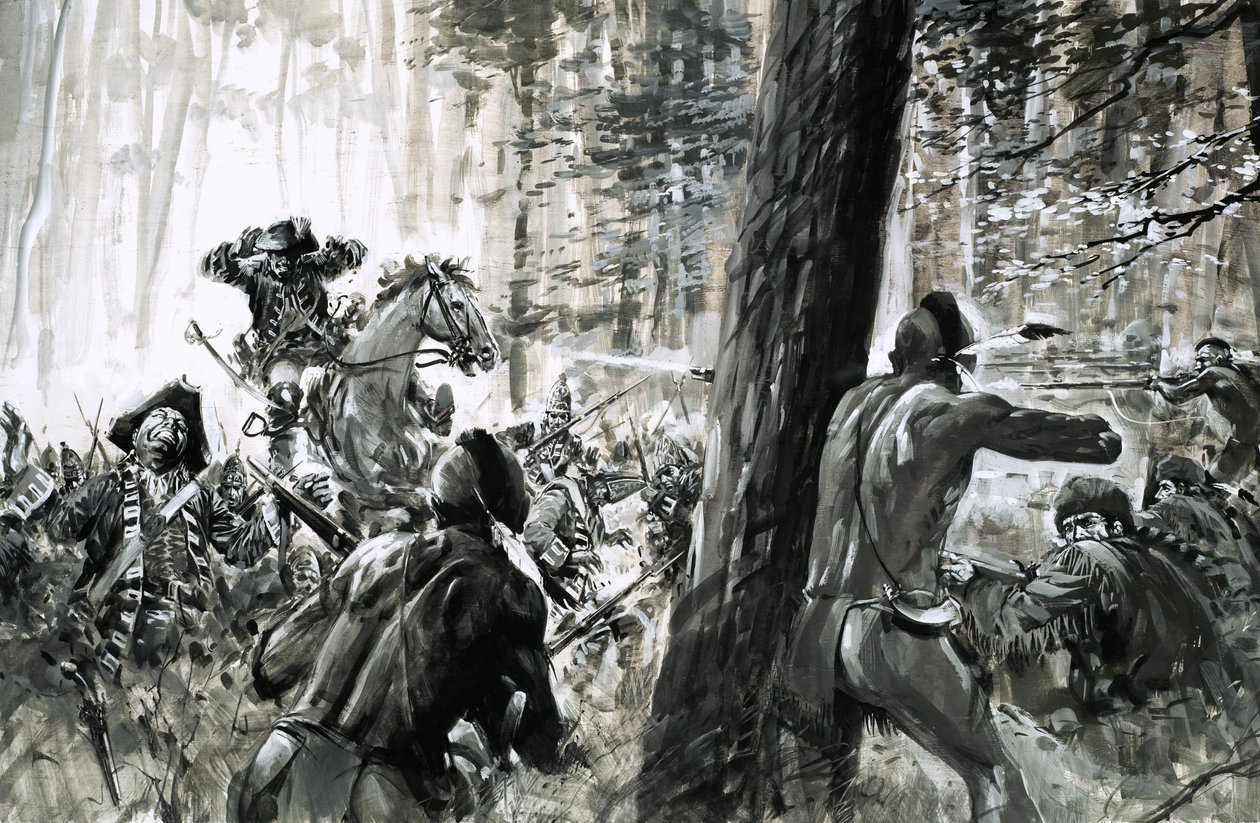 En 1765, el general Edward Braddock cayó en una emboscada tendida por soldados franceses y feroces indios canadienses. de Graham Coton