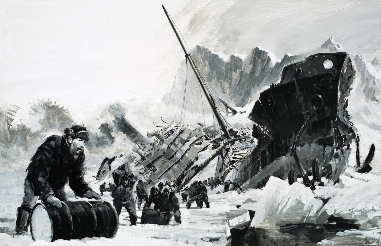 Pecio de barco no identificado en un glaciar helado de Graham Coton