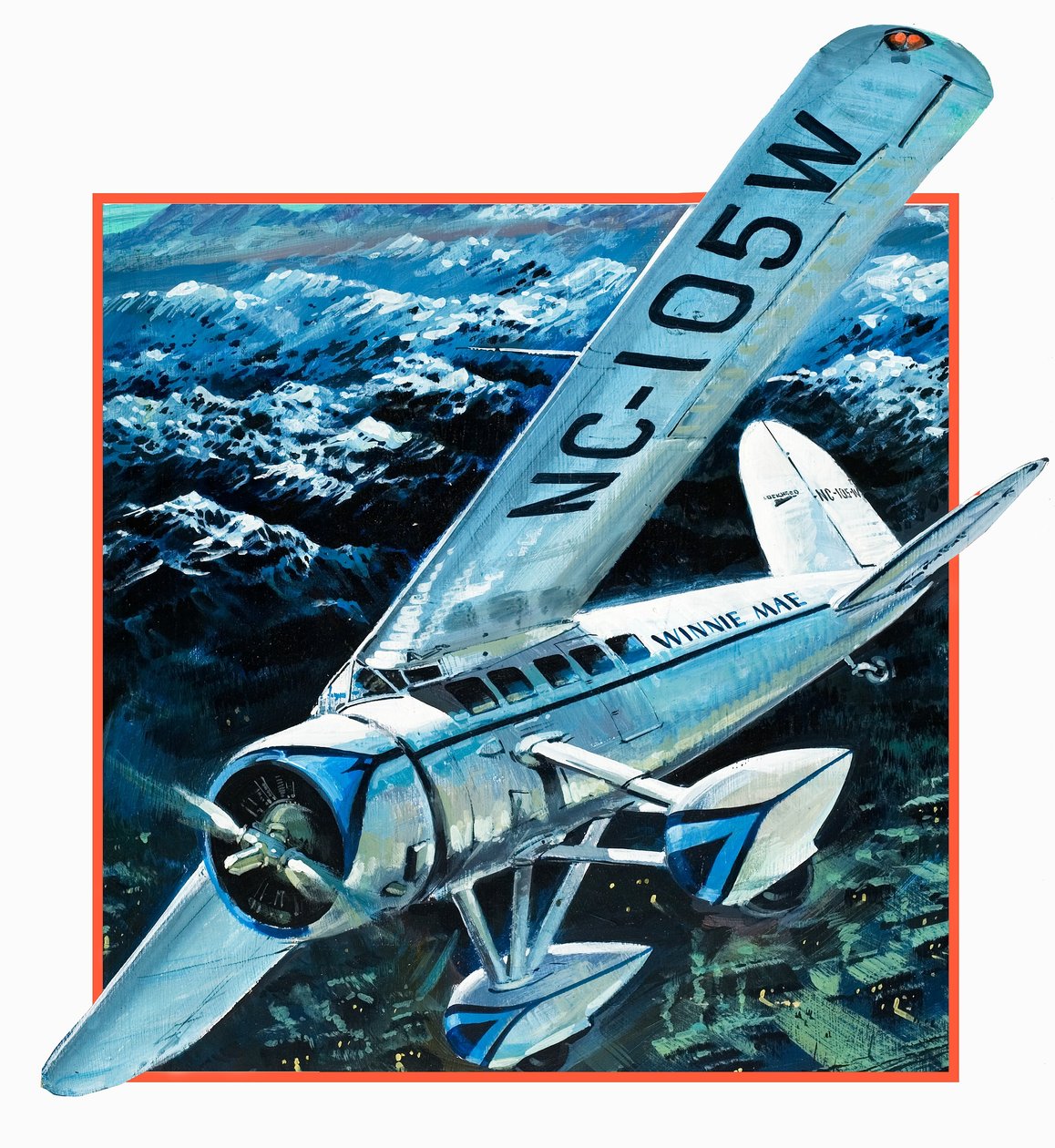 Wiley Hardemann Post dando la vuelta al mundo en solitario con Winnie May (gouache sobre papel) de Graham Coton