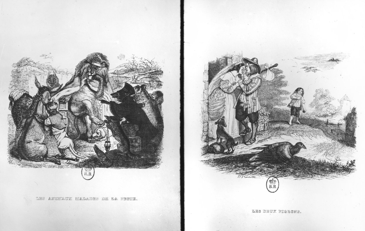 Animales con la peste y las dos palomas, ilustraciones de las fábulas de La Fontaine de Grandville