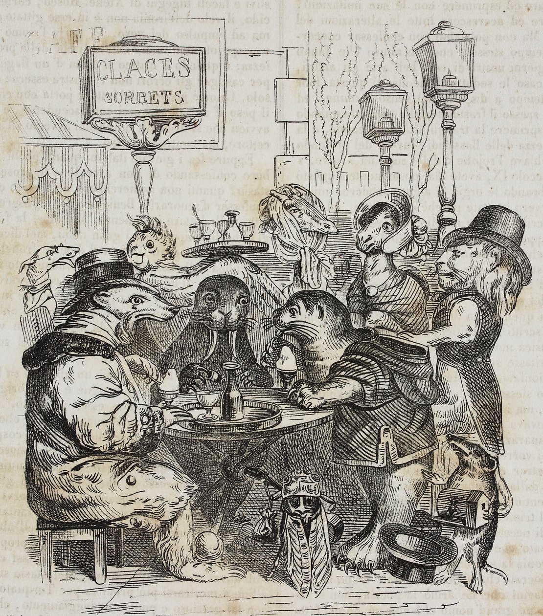 Bestias sentadas en una heladería, litografía de Giovanni Mariani después de una caricatura de Jean-Jacques Grandville de Poliorama Pittoresco, n 24, 21 de enero de Grandville