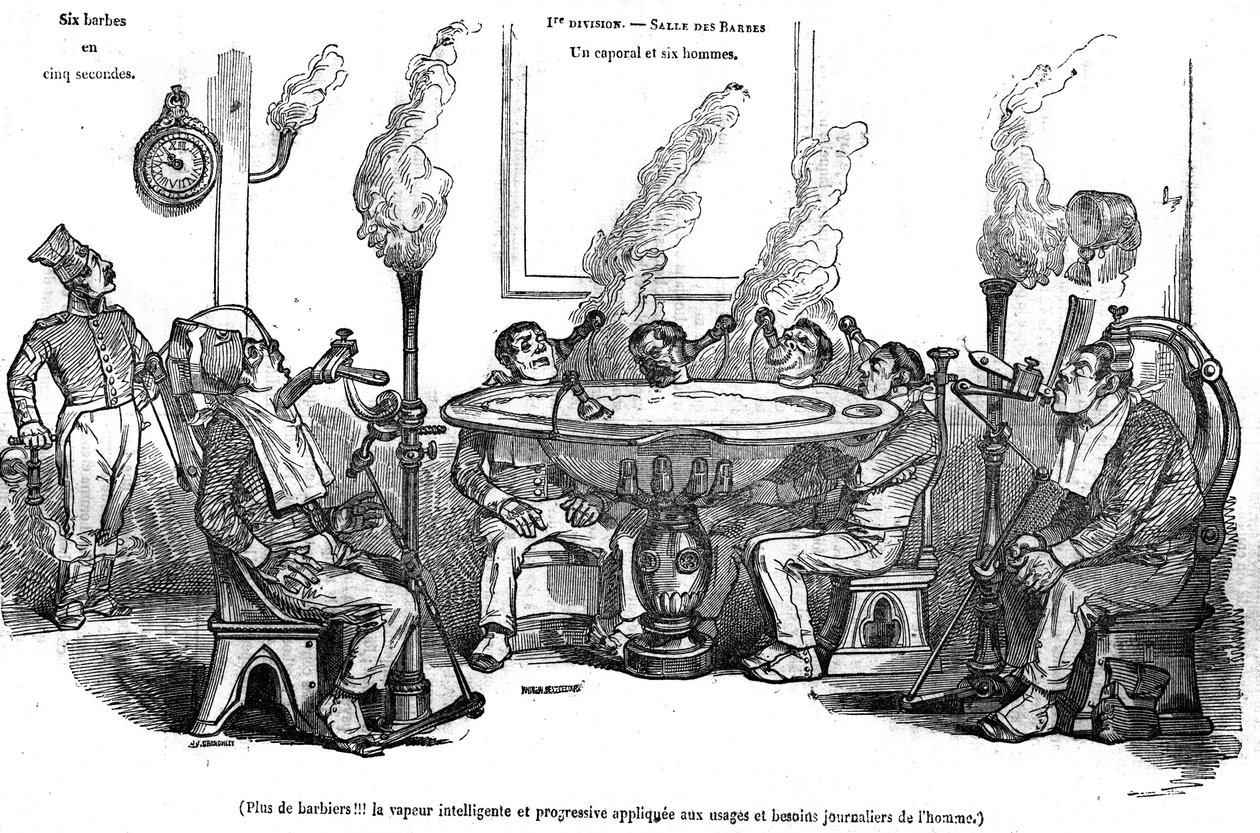Caricatura de Grandville que representa a un cabo y sus hombres en la Salle des Barbes sentados con una máquina de vapor afeitándolos sin la ayuda de un barbero. En 