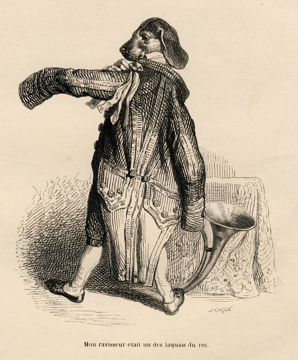 Perro en el papel de un lacayo del rey. Vinetas ilustradas por JJ Granville. Grabado firmado por Caque en la parte "Historia de una liebre" escrito por PJ Stahl en "Escenas de la vida privada y pública de los animales". París, J. Hetzel y Paulin de Grandville