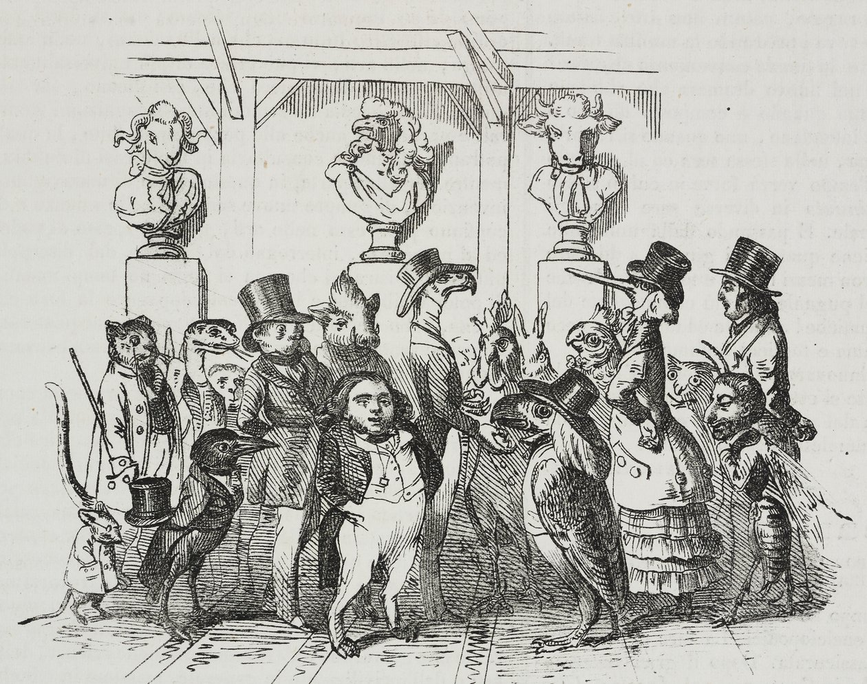 Salida del teatro, caricatura de Jean-Jacques Grandville, litografía de Giovanni Mariani de Poliorama Pittoresco, n 39, 7 de mayo de Grandville