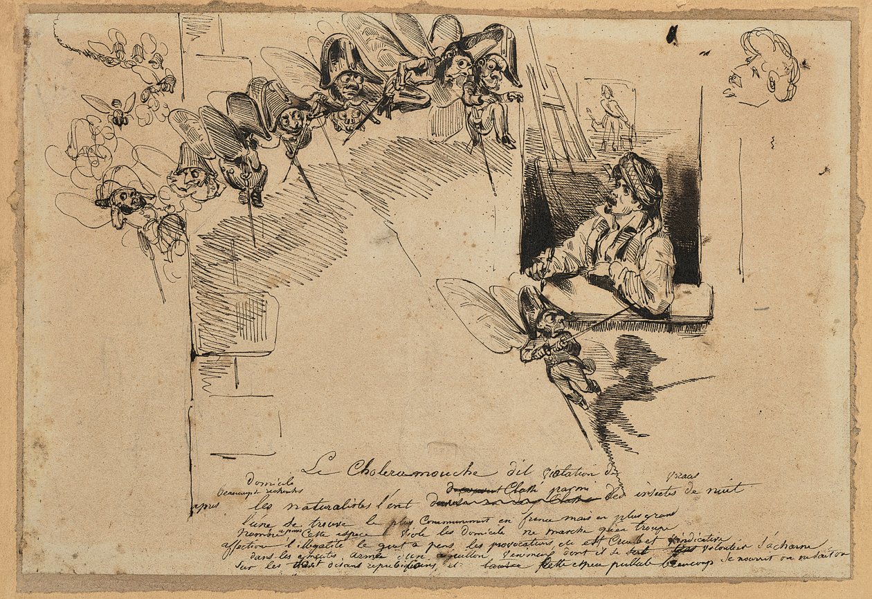 Le Choléramouche (grafito, pluma y tinta marrón sobre papel) de Grandville (1803-47)