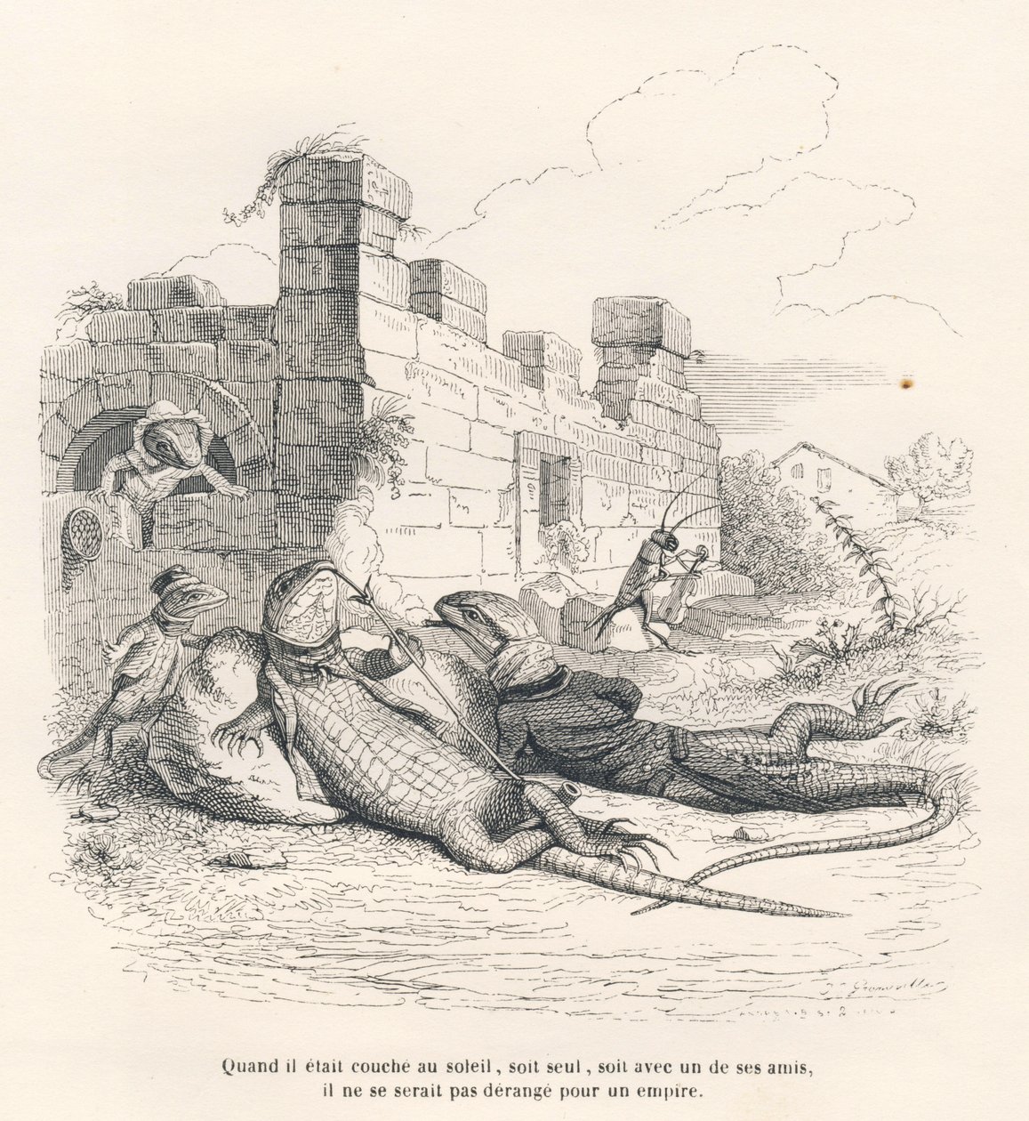Lagarto fumando al sol con uno de sus amigos. Viñetas ilustradas por JJ Granville. Grabado firmado Andrew, Best y Leloir en la parte titulada "Recuerdos de una vieja corneja" escrito por PJ Stahl en "Escenas de la vida privada y pública de los animales". P de Grandville