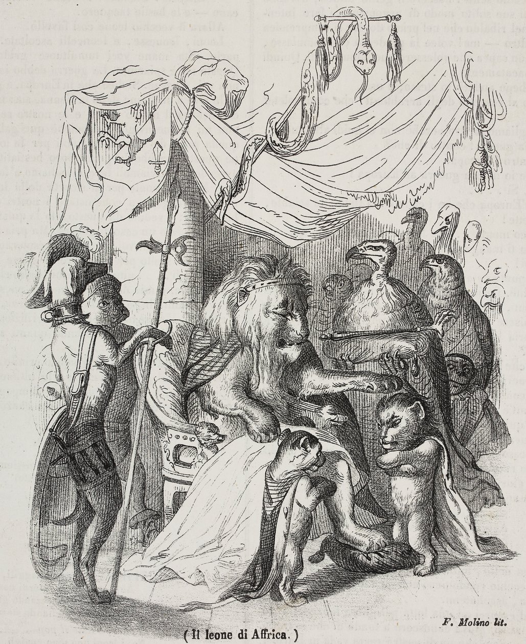León de África, personaje de la historia del León Africano y tres leones jóvenes nativos, litografía de Filippo Molino después de un dibujo de Jean-Jacques Grandville de Grandville
