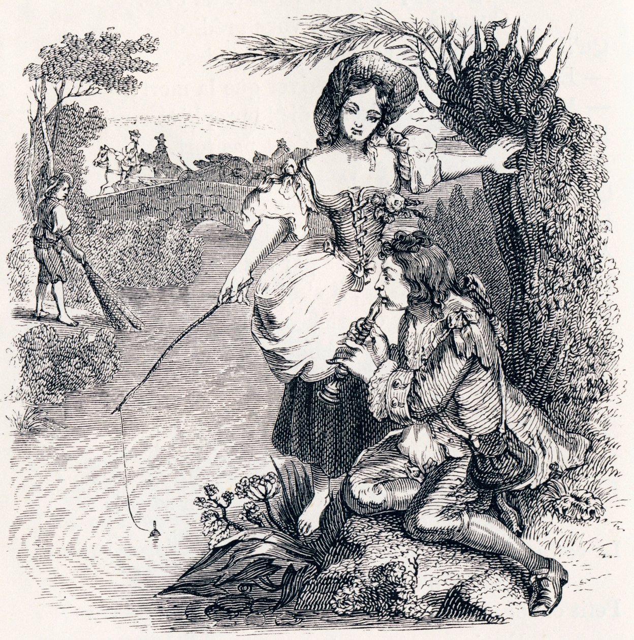 Los peces y el pastor que toca la flauta - Fábulas de La Fontaine de Grandville