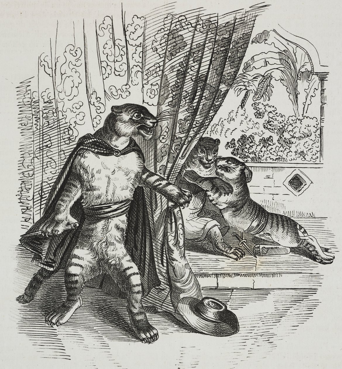 Tigre avanza con daga, caricatura de Jean-Jacques Grandville, litografía de Gaetano Riccio de Poliorama Pittoresco, n 39, 7 de mayo de Grandville
