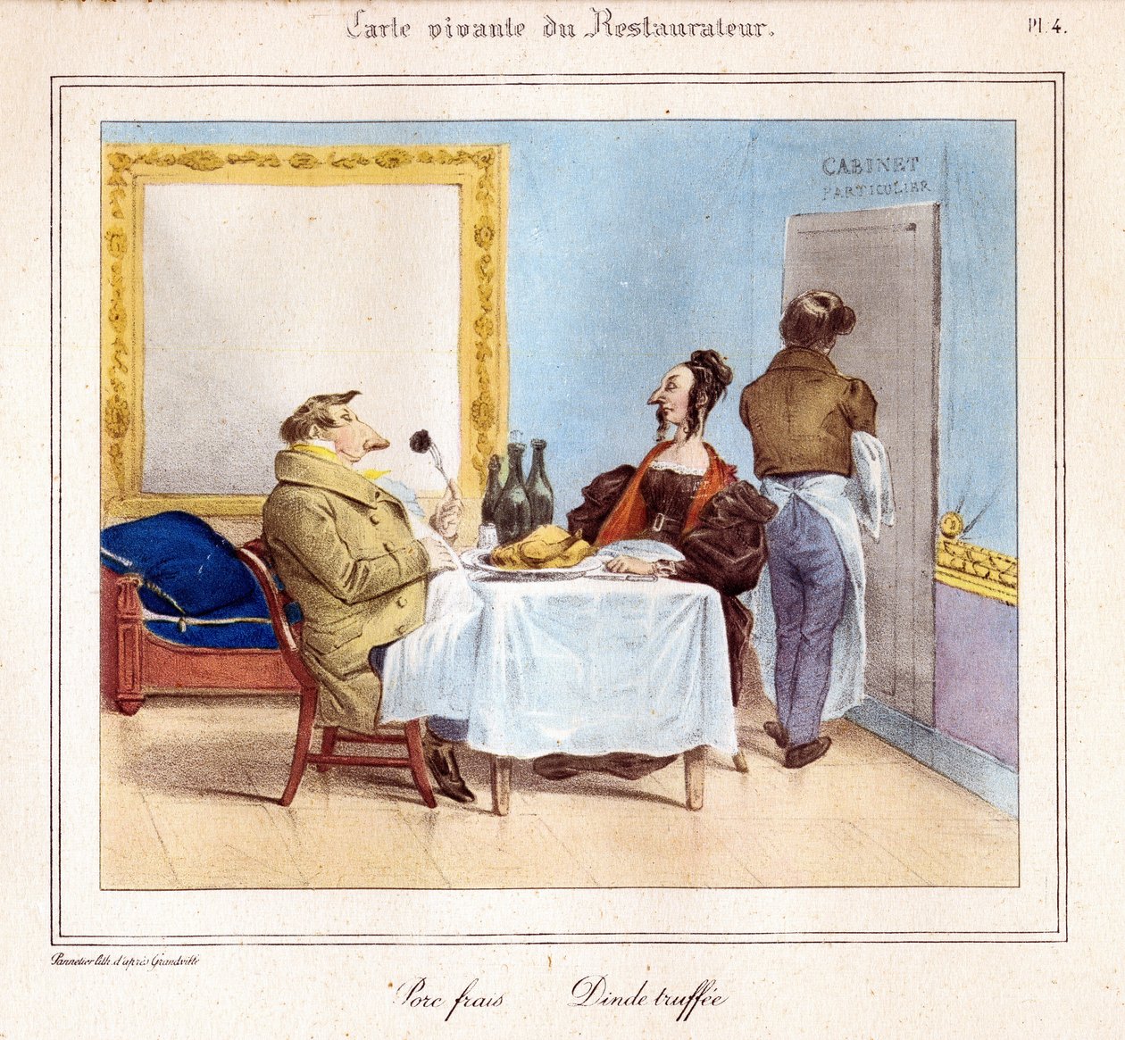 La tarjeta viviente del Restaurador: Cerdo fresco y pavo trufado. 1831-32 (litografía) de Grandville
