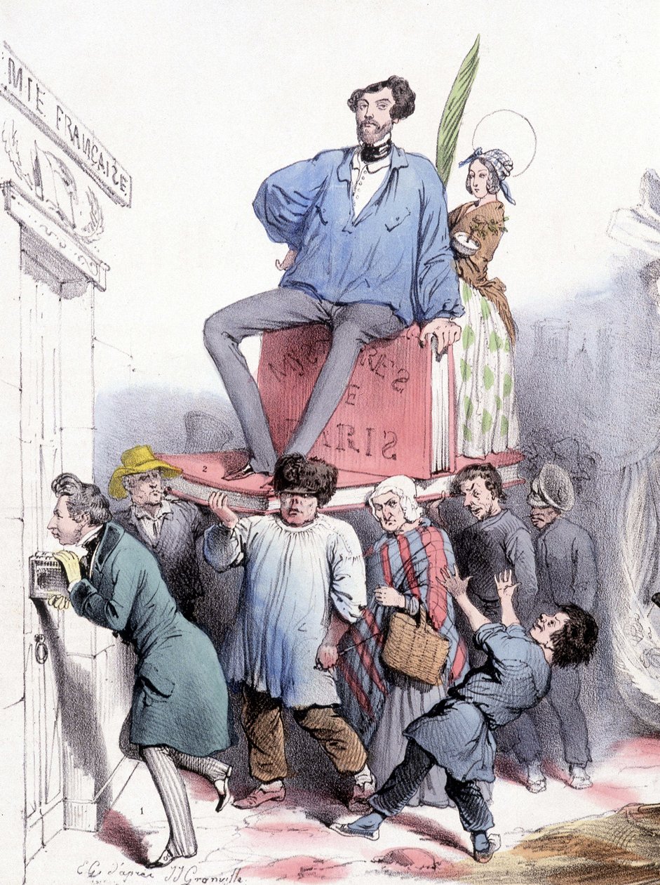 Alfred de Vigny llamando a la puerta de la Academia con sus obras completas, y Eugène Sue, sentado en “Los misterios de París”, vestido con el paletó de lona azul del Príncipe Rodolfo - por Grandville, en “Le Charivari” del 21/02/1844 de Grandville