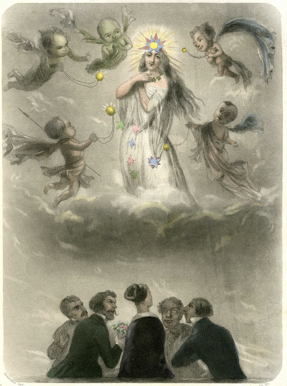 Alegoría de una joven rodeada de 4 suspirantes, que se compara con un planeta alrededor del cual gravitan cuatro satélites, uno de los cuales se convertirá en su sol. Grabado de Grandville que ilustra un capítulo del libro de Mery: "Las estrellas" de Grandville (1803 47)