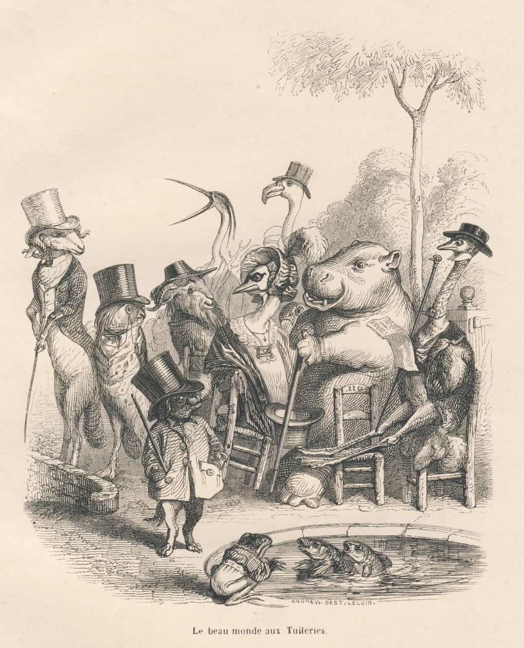 Animales con trajes elegantes paseando por las Tullerías. Viñetas ilustradas por JJ Granville. Grabado firmado Andrew, Best y Leloir en la parte "Historia de una liebre" escrito por PJ Stahl en "Escenas de la vida privada y pública de los animales". París de Grandville