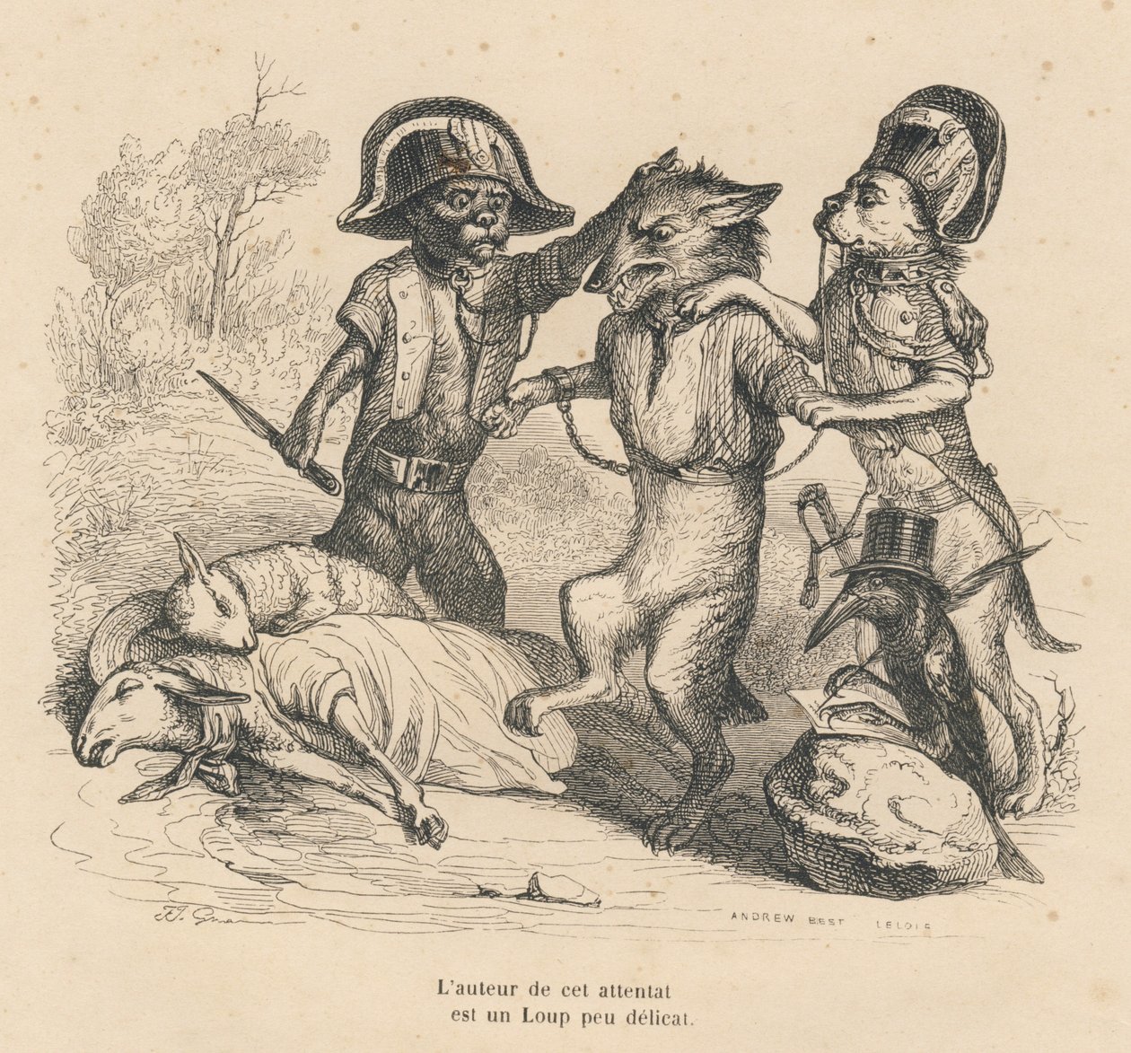 Arresto de un lobo que acaba de matar a dos ovejas. Viñetas ilustradas por JJ Granville. Grabado firmado por Andrew, Best y Leloir en la parte titulada "Corte criminal de justicia animal" escrito por Emile de La Bédollière en "Escenas de la vida privada y  de Grandville