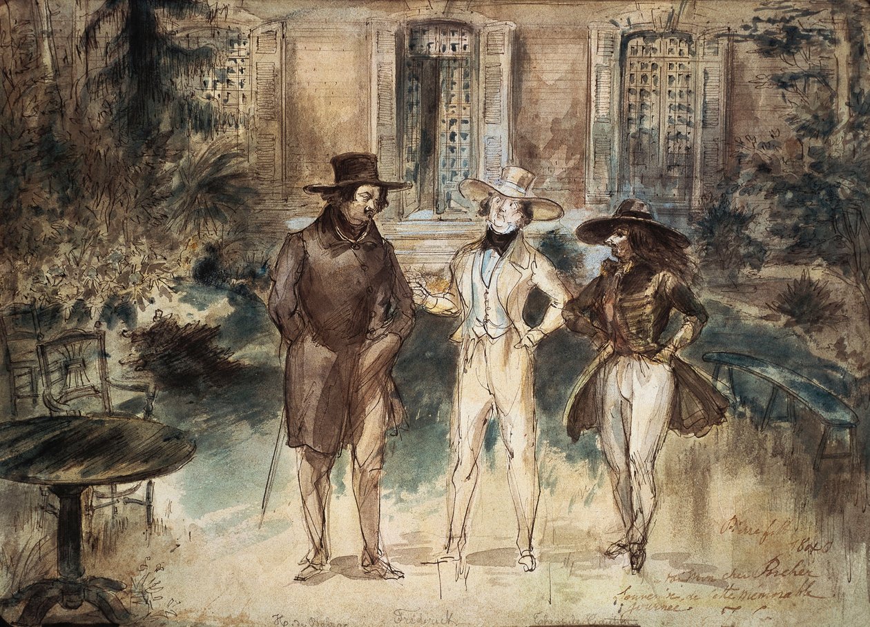 Caricatura de Honoré de Balzac, Frederick Lemaitre y Théophile Gautier por Gérard Granville de Grandville