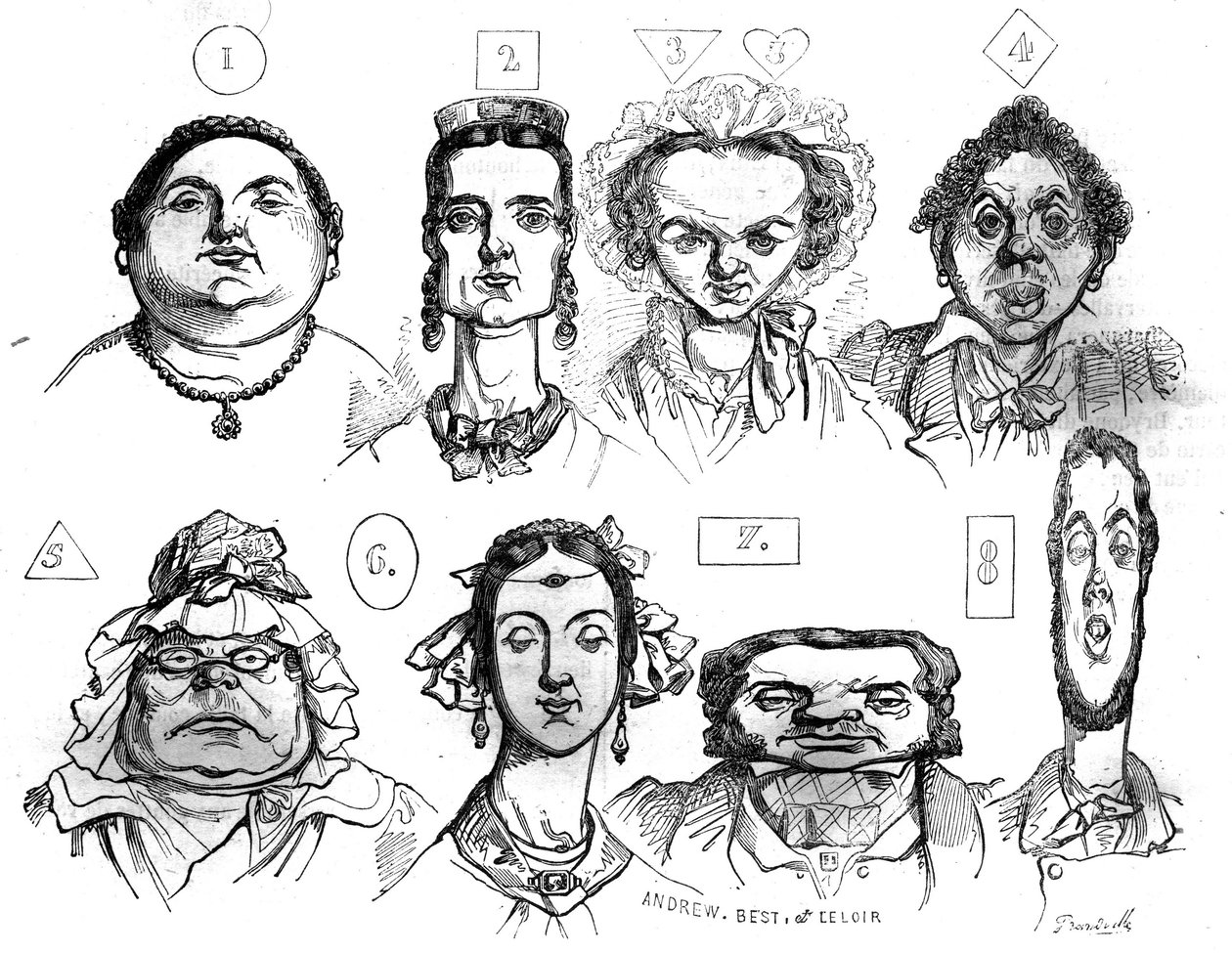 Caricaturas que ilustran las diferentes formas de rostro, expresiones, asociándolas con características morales distintas por Jean Ignace Isidore Gerard Grandville (1803 -1847). En "La tienda pintoresca" 1835 de Grandville