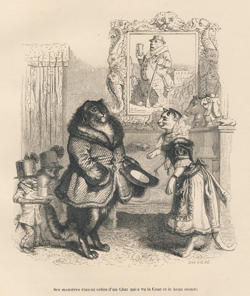 Gato de corte saludando a una joven gata. Viñetas ilustradas por JJ Granville. Grabado firmado Breviere en la parte titulada "Penas de corte de una gata inglesa" escrito por Honoré de Balzac en "Escenas de la vida privada y pública de los animales". París, de Grandville