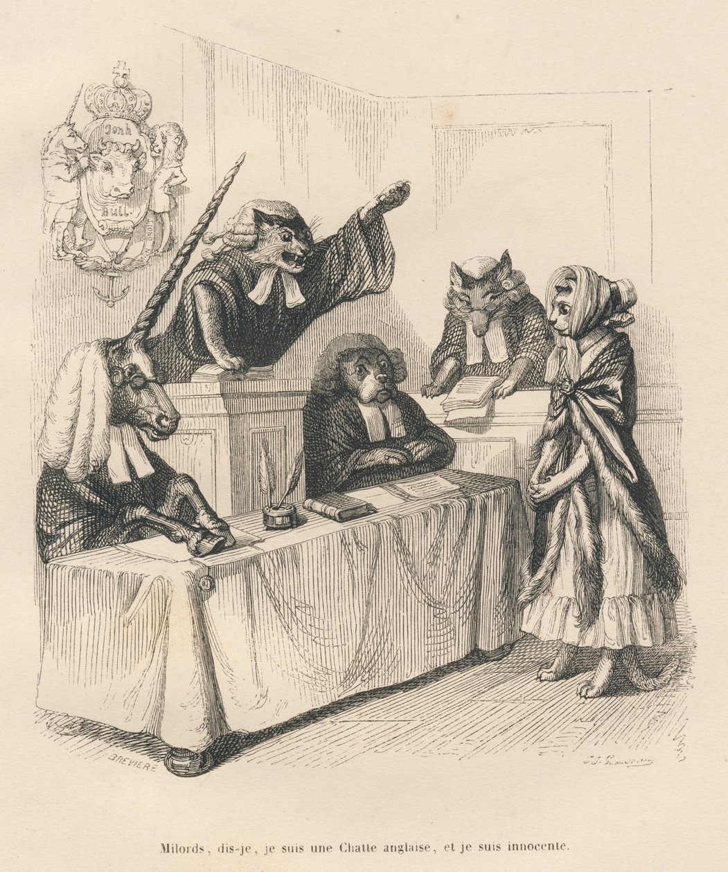 Gata defendiéndose en un tribunal constituido por un unicornio, un gato, un perro y un lobo. Viñetas ilustradas por JJ Granville. Grabado firmado por Breviere en la parte titulada "Penas de corte de una gata inglesa" escrito por Honoré de Balzac en "Escena de Grandville