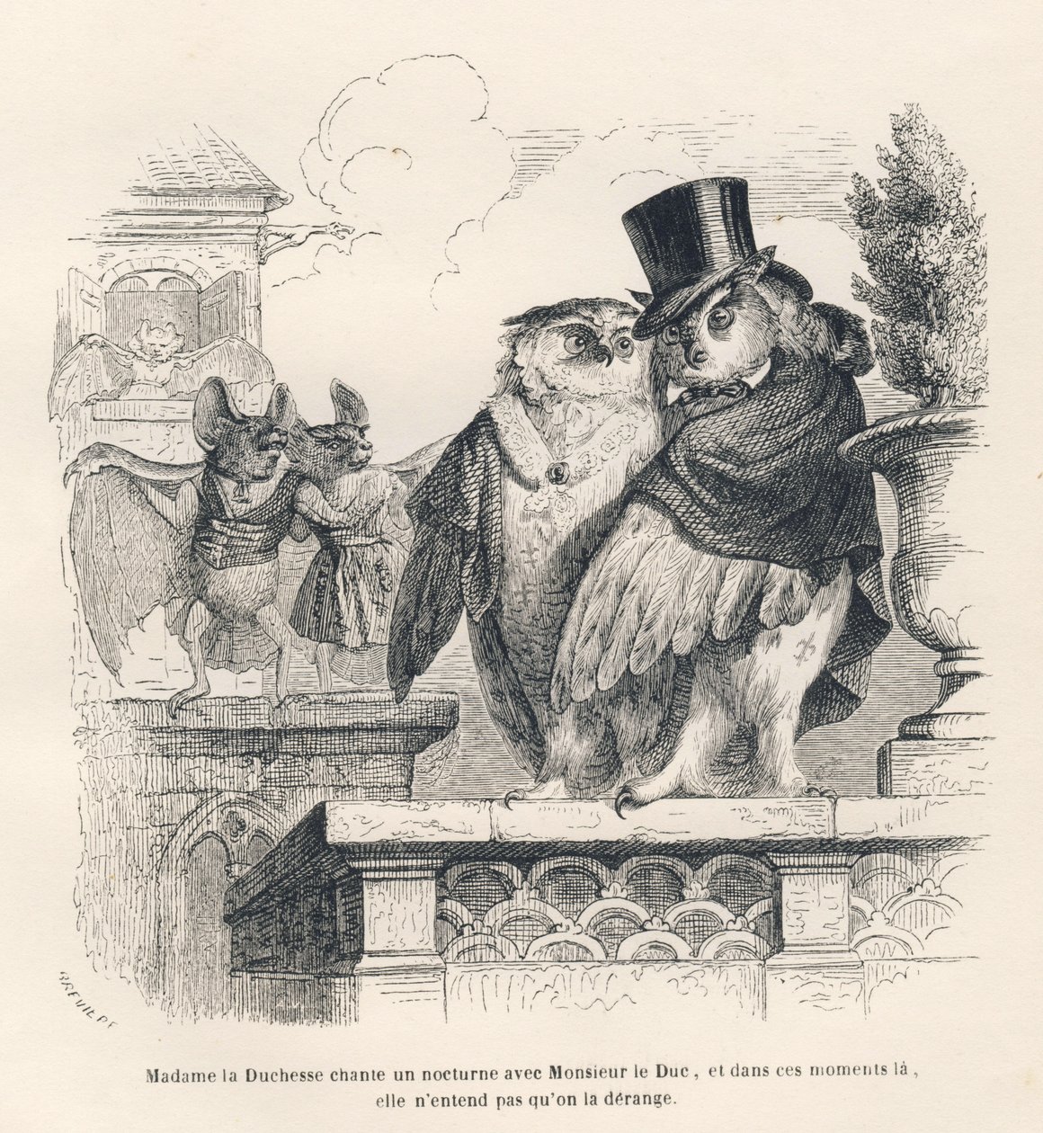 Murciélago escuchando a un búho y una lechuza cantar. Viñetas ilustradas por JJ Granville. Grabado firmado por Breviere en la parte titulada "Recuerdos de una vieja corneja" escrito por PJ Stahl en "Escenas de la vida privada y pública de los animales". Pa de Grandville