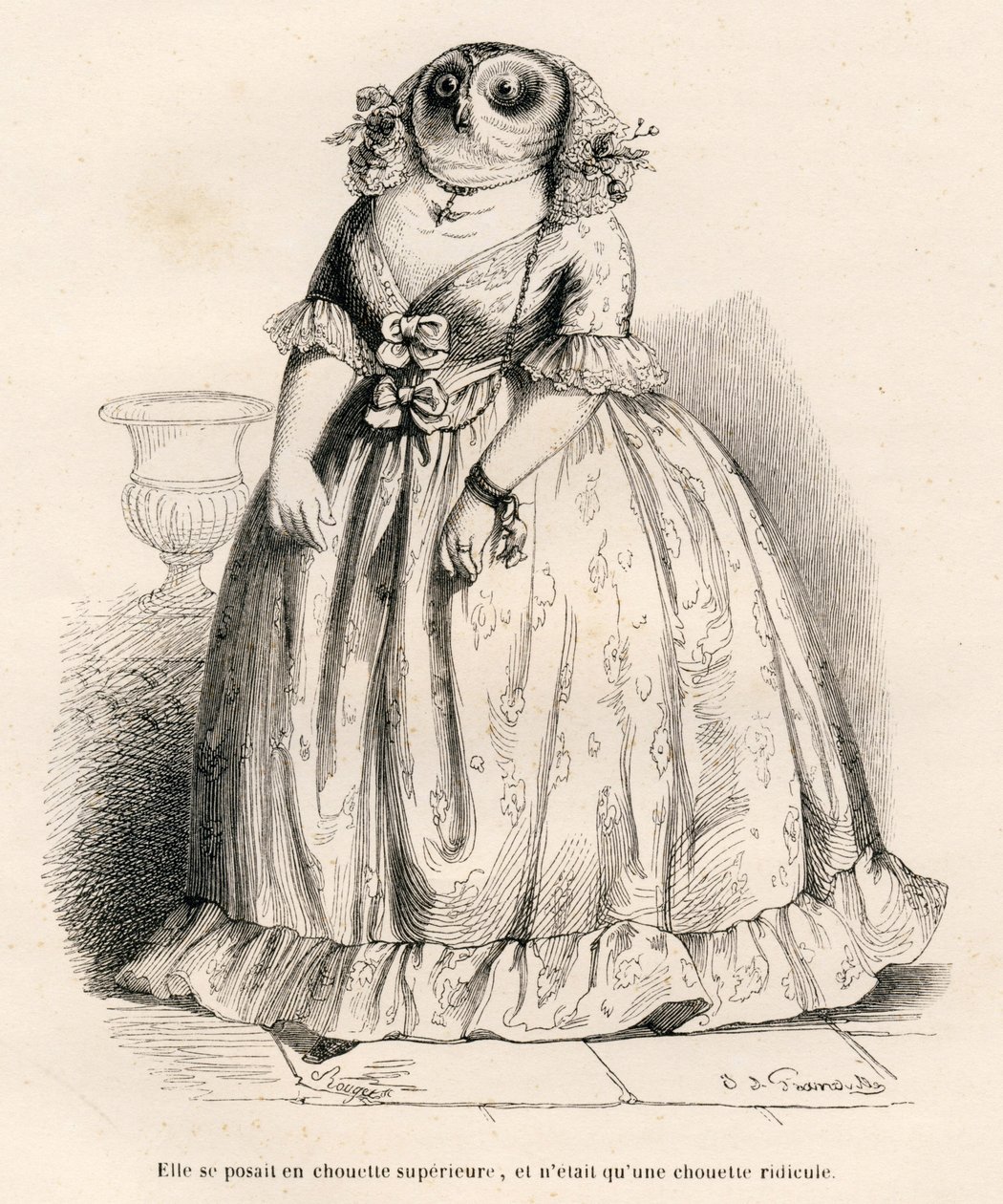 Búho que se creía superior pero que es ridículo. Viñetas ilustradas por JJ Granville. Grabado firmado por Rouget en la parte titulada "Recuerdos de una vieja corneja" escrito por PJ Stahl en "Escenas de la vida privada y pública de los animales". París, J. de Grandville