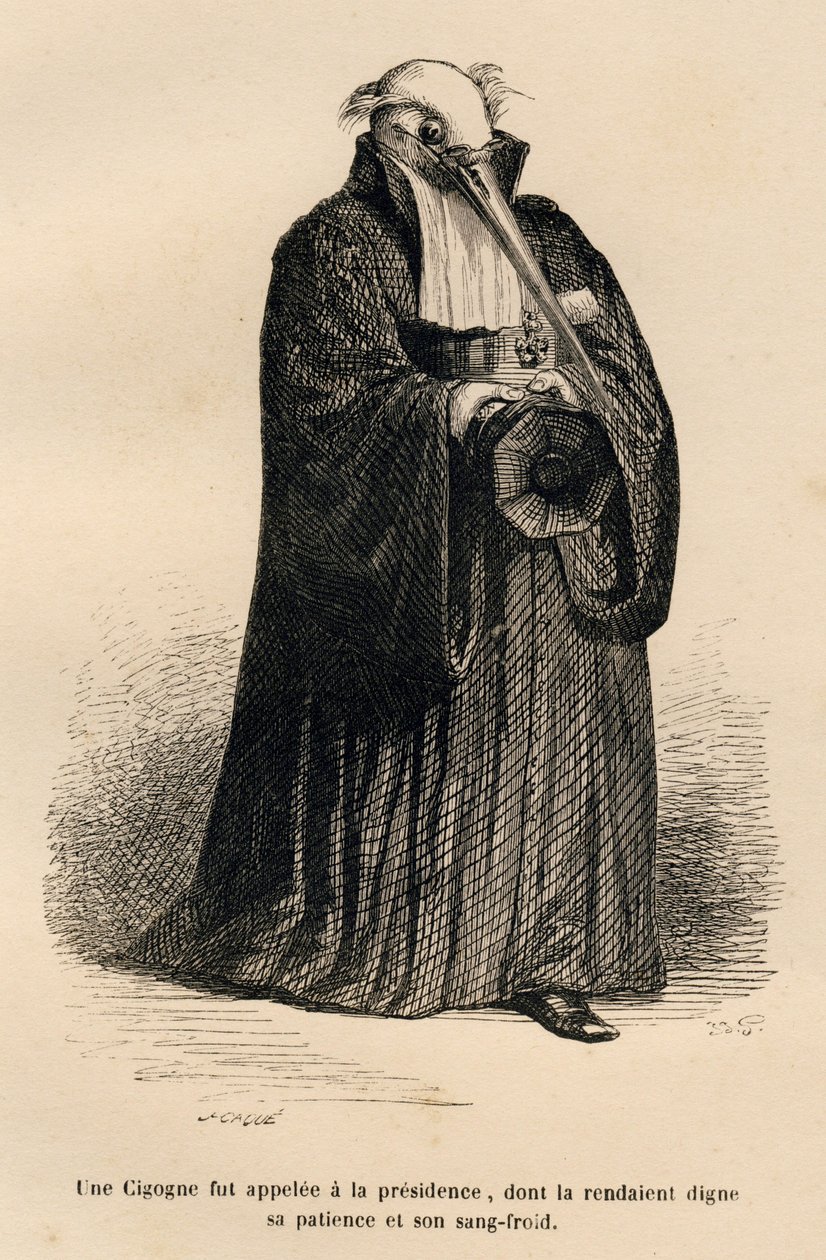 Cigüeña como juez. Viñetas ilustradas por JJ Granville. Grabado firmado por Caque en la parte titulada "Corte criminal de justicia animal" escrito por Emile de La Bédollière en "Escenas de la vida privada y pública de los animales". París, J. Hetzel y Paul de Grandville