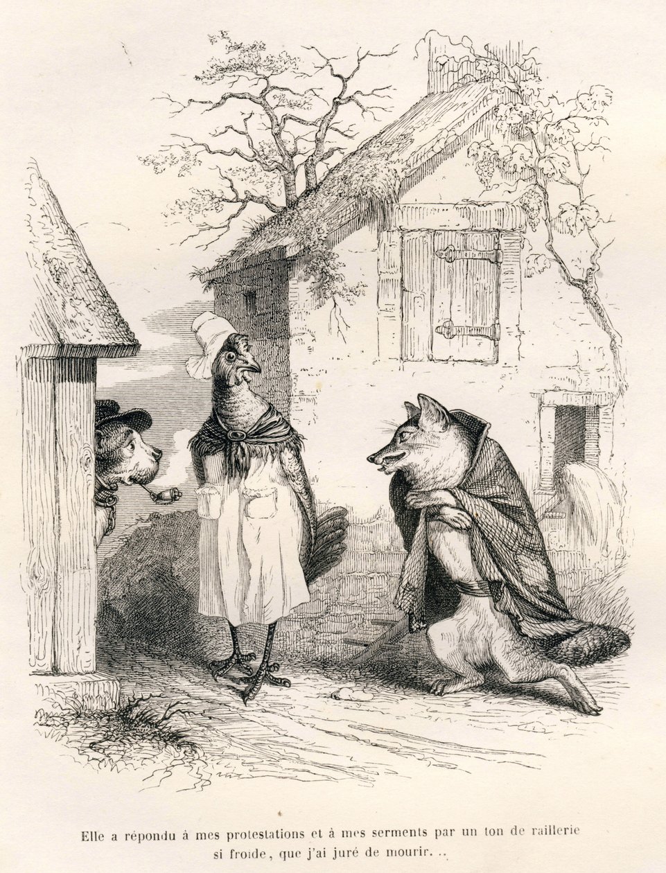 Conversación entre un perro, una gallina y un zorro. Viñetas ilustradas por JJ Granville. Grabado firmado por Godard en la parte titulada "Un zorro atrapado" escrito por Charles Nodier en "Escenas de la vida privada y pública de los animales". París, J. He de Grandville